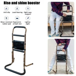 Mobility standing aid with ergonomic armpit rest and rubber pads.