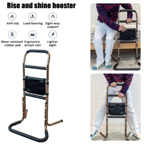 Mobility standing aid with ergonomic armpit rest and rubber pads.