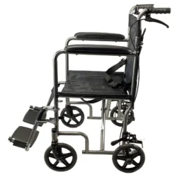 Side view of a folding transit wheelchair with attendant brake.