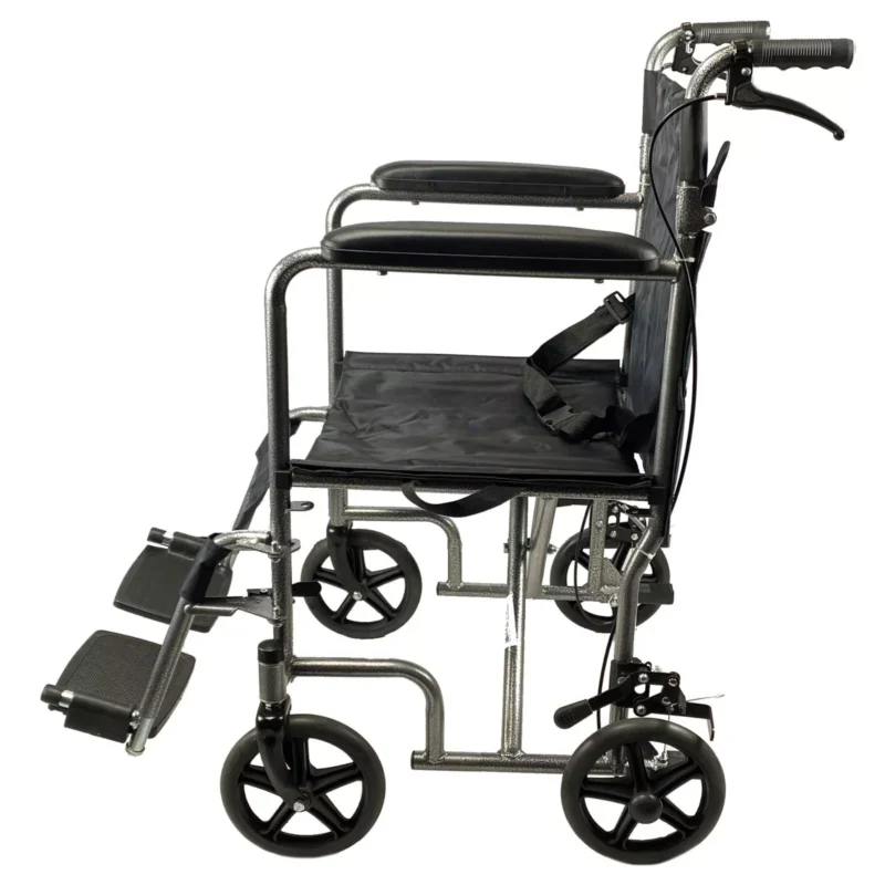 Side view of a folding transit wheelchair with attendant brake.