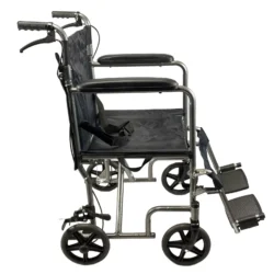 Side view of a folding transit wheelchair with padded armrests and footrests.