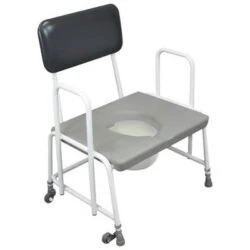 Bariatric commode with wide seat and detachable arms.