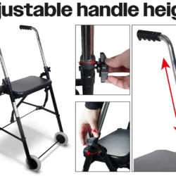 Foldable wheeled walker with adjustable handle height and seat.