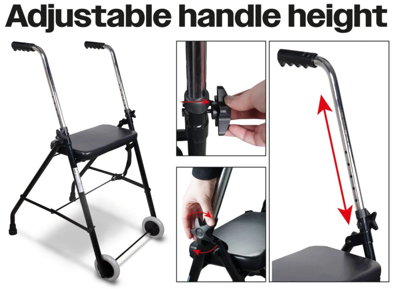 Foldable wheeled walker with adjustable handle height and seat.