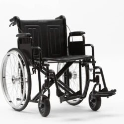 Black bariatric wheelchair with wide seat and detachable footrests.