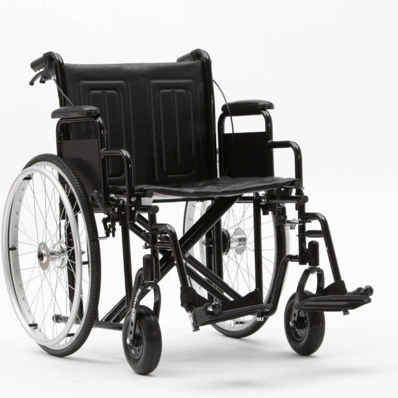 Black bariatric wheelchair with wide seat and detachable footrests.