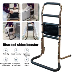 Standing aid with black handles and support bars, shown in use.
