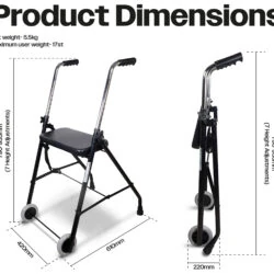Foldable wheeled walker with seat, shown open and folded, with dimensions.