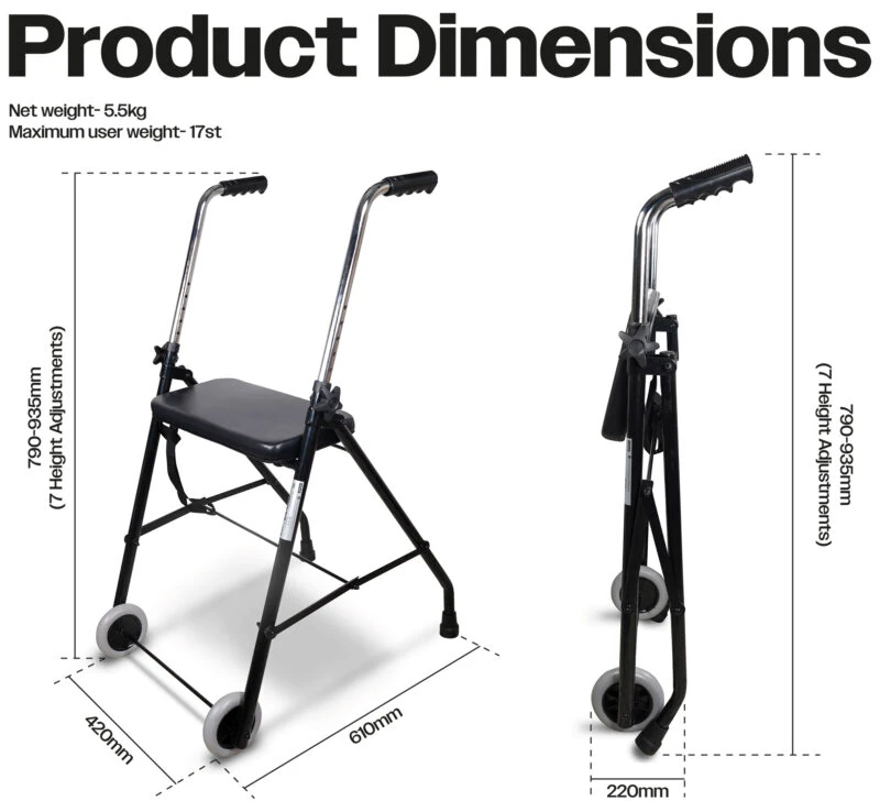 Foldable wheeled walker with seat, shown open and folded, with dimensions.