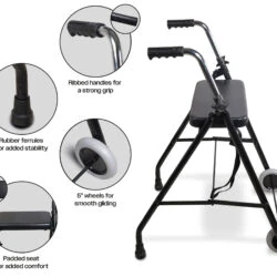Foldable wheeled walker with a seat, ribbed handles, and 5-inch wheels.