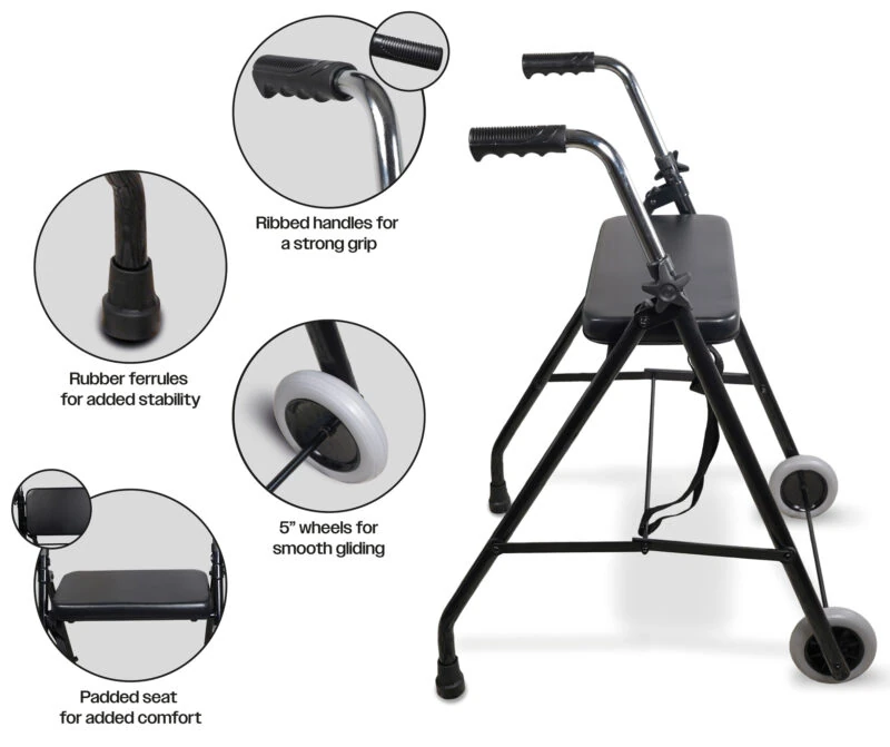 Foldable wheeled walker with a seat, ribbed handles, and 5-inch wheels.
