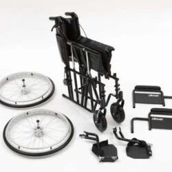 Disassembled parts of a bariatric self-propelled wheelchair.