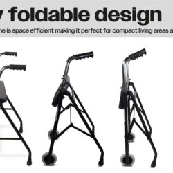Four views of a foldable wheeled walker with ergonomic handles and padded seat.
