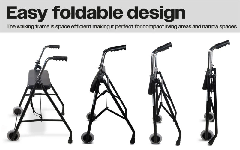 Four views of a foldable wheeled walker with ergonomic handles and padded seat.