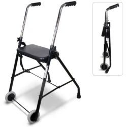 Foldable wheeled walker with seat and ergonomic handles.