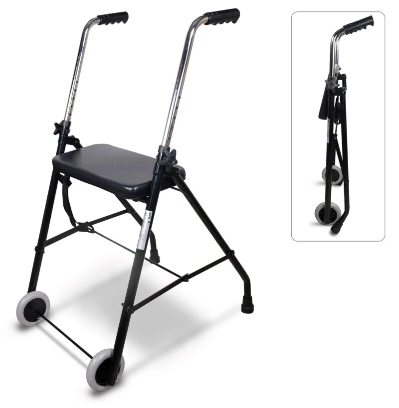 Foldable wheeled walker with seat and ergonomic handles.