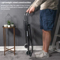 Person holding a folded wheeled walker next to a small table with plants.