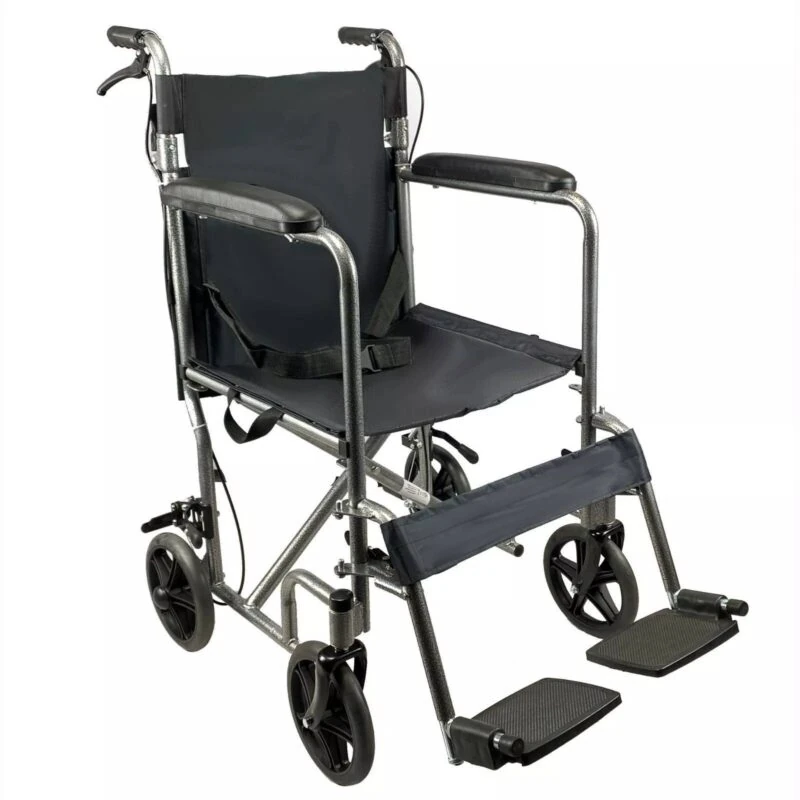 Folding transit wheelchair with padded armrests and footrests.