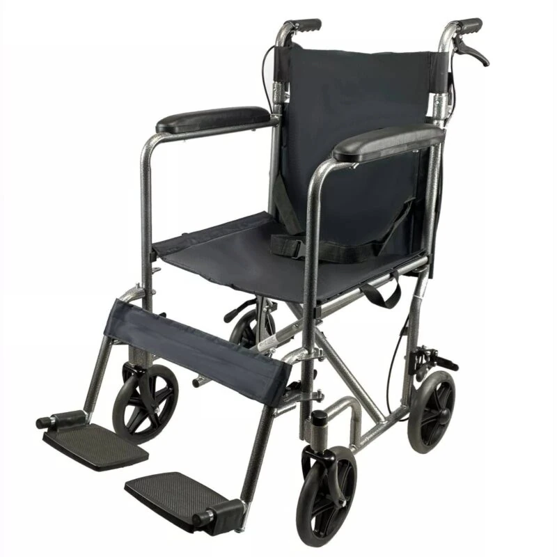 Folding transit wheelchair with padded armrests and footrests.