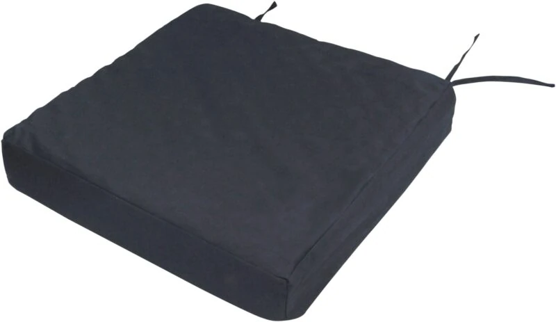 Black orthopaedic seat cushion with tie handles.