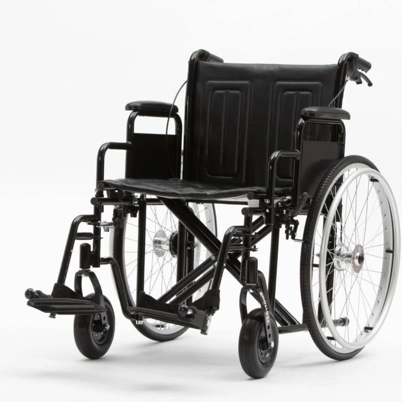 Bariatric self-propelled wheelchair with wide seat and black frame.