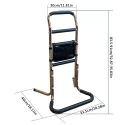 Adjustable standing aid with measurements, featuring a handle and support bars.
