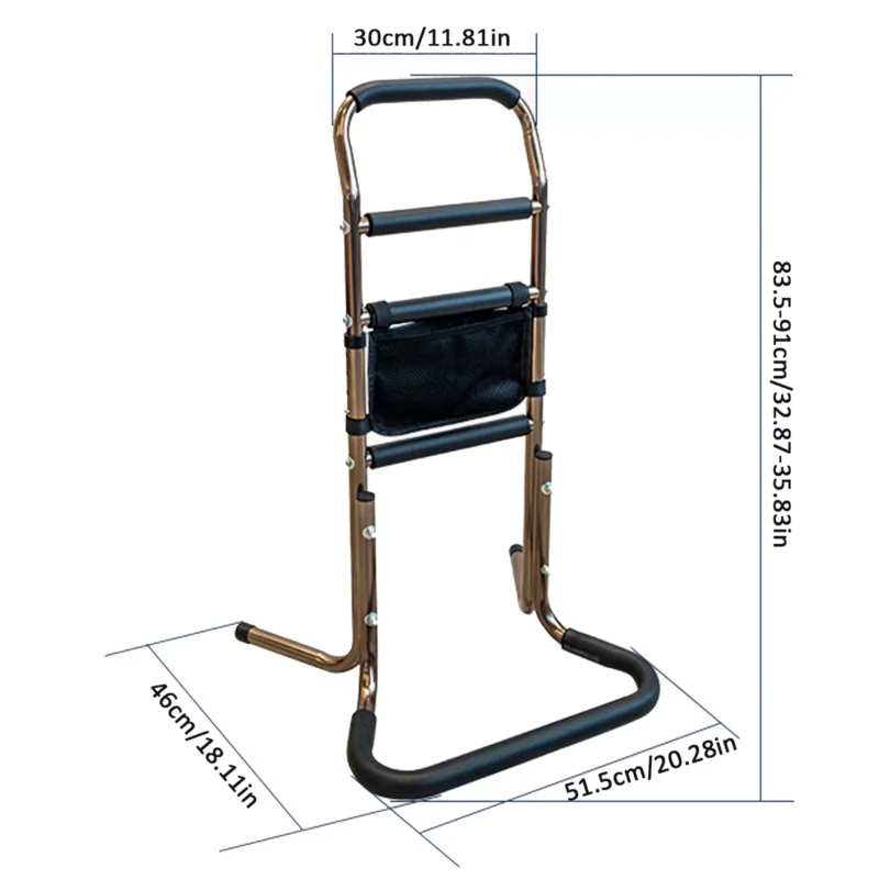 Adjustable standing aid with measurements, featuring a handle and support bars.