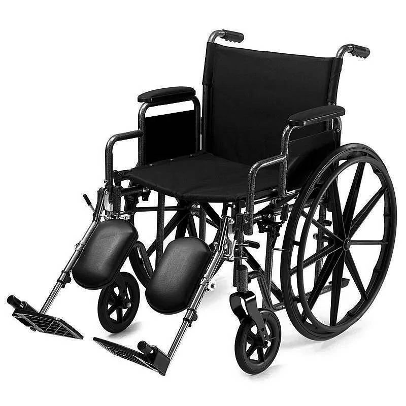 Black self-propelled wheelchair with wide seat and leg rests.