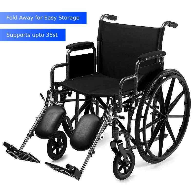 Black folding wheelchair with wide seat and leg rests.