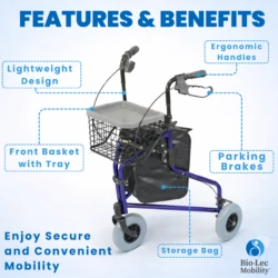3 Wheel Rollator with basket, tray, and bag, showing ergonomic handles and brakes.