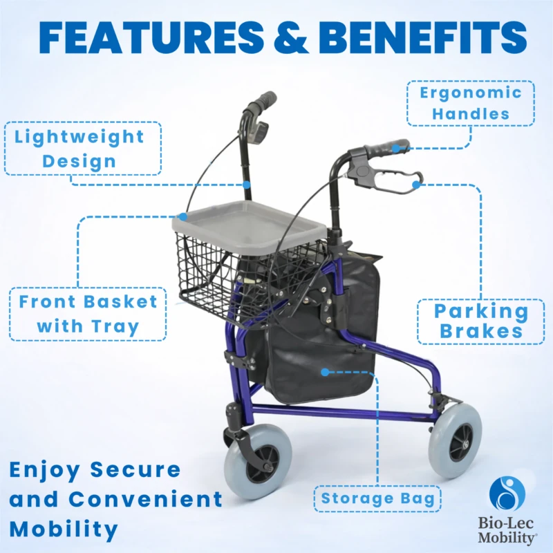 3 Wheel Rollator with basket, tray, and bag, showing ergonomic handles and brakes.