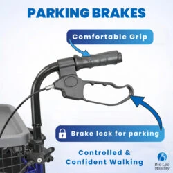 Close-up of rollator handle with parking brake and grip.