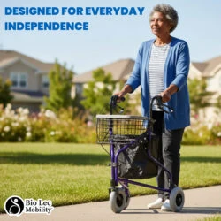 Elderly woman using a 3 wheel rollator with basket outdoors.