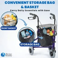 3 wheel rollator with front basket and storage bag filled with items.