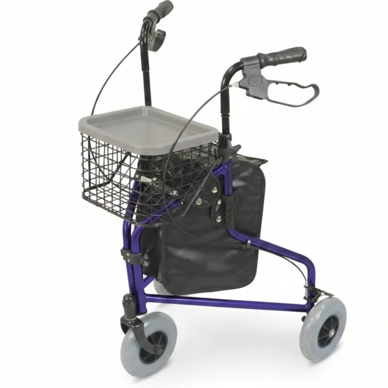 Blue 3 wheel rollator with basket and tray, featuring adjustable handles.