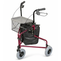 Red 3 wheel rollator with basket, tray, and bag.