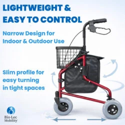 Red 3 wheel rollator with basket and bag, featuring loop brakes.
