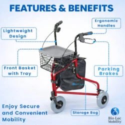 Red 3 Wheel Rollator with basket, tray, and storage bag.