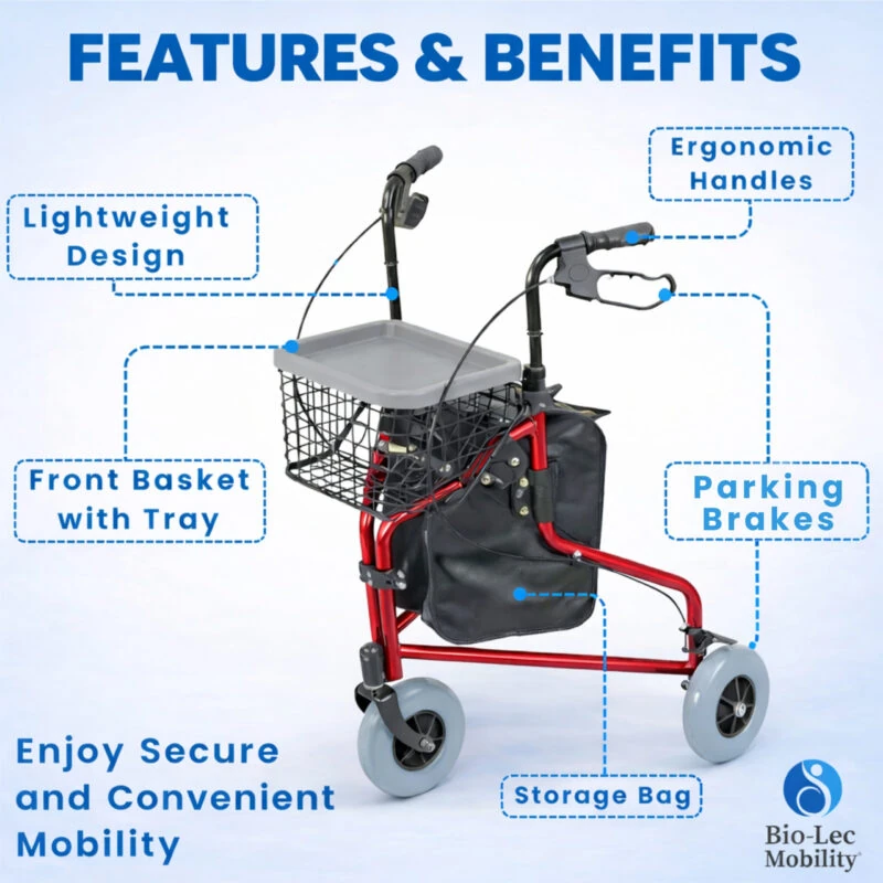 Red 3 Wheel Rollator with basket, tray, and storage bag.