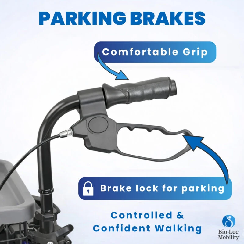 Close-up of rollator brake handle with comfort grip and brake lock feature.