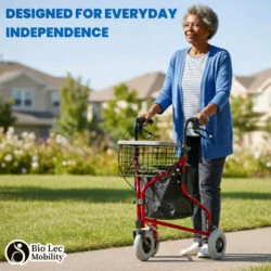 Person using a red 3 wheel rollator with basket and bag on a sunny path.