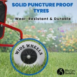 Close-up of rollator wheel with solid puncture-proof tyre.