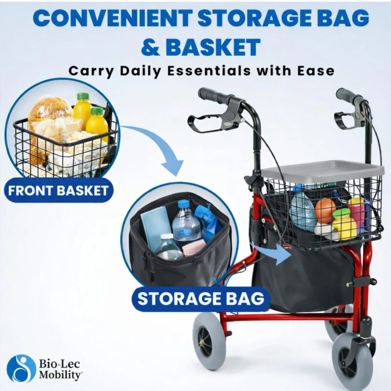 Red rollator with front basket and storage bag containing items.