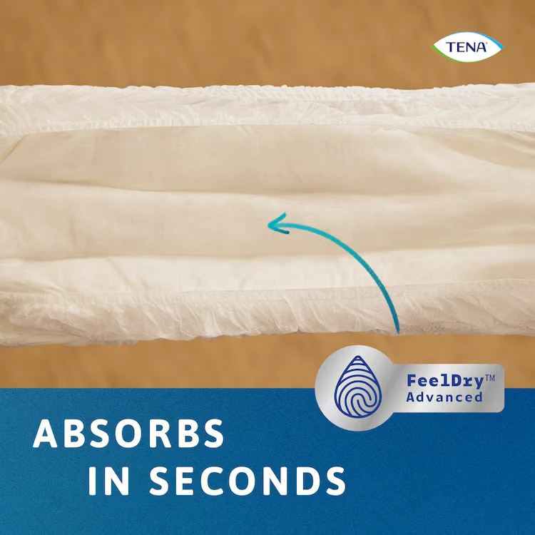 Close-up of Tena Pants showing absorption feature with text 'Absorbs in seconds'.