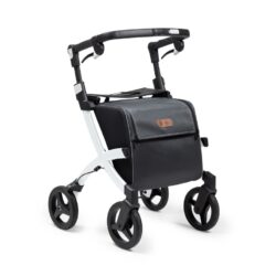 Rollz Flex Shopper rollator with a black shopping bag and white frame.