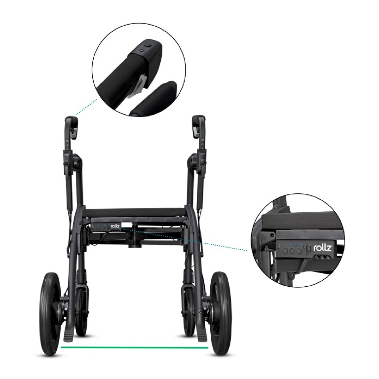 Front view of Rollz Motion Rhythm Rollator with feature insets.