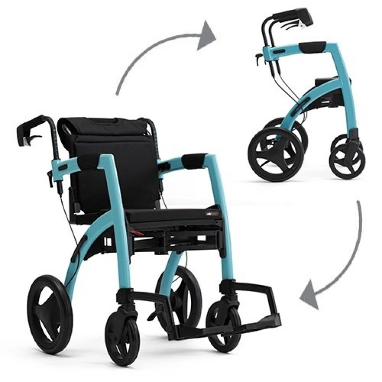 Rollator wheelchair in Island Blue shown in rollator and wheelchair modes.