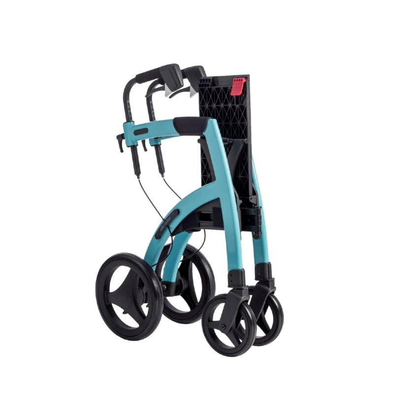 Folded Rollator Wheelchair in Island Blue with ergonomic handles.