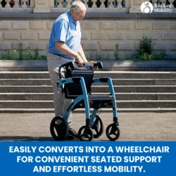 Man adjusting a blue rollator wheelchair outdoors with stairs in the background.