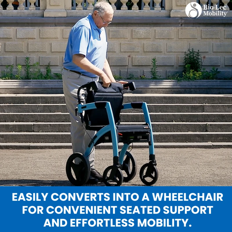 Man adjusting a blue rollator wheelchair outdoors with stairs in the background.